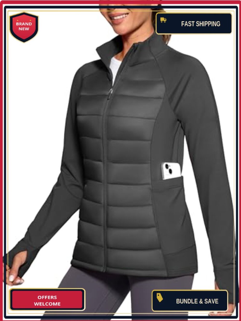 Women's Quilted Fleece Lined Running Jacket Water Resistant 6 Pockets